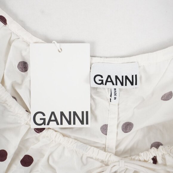 Ganni Ruched Polka Dot Mini Dress with Bow in White and Brown Size 34 - NWD - Picture 6 of 13
